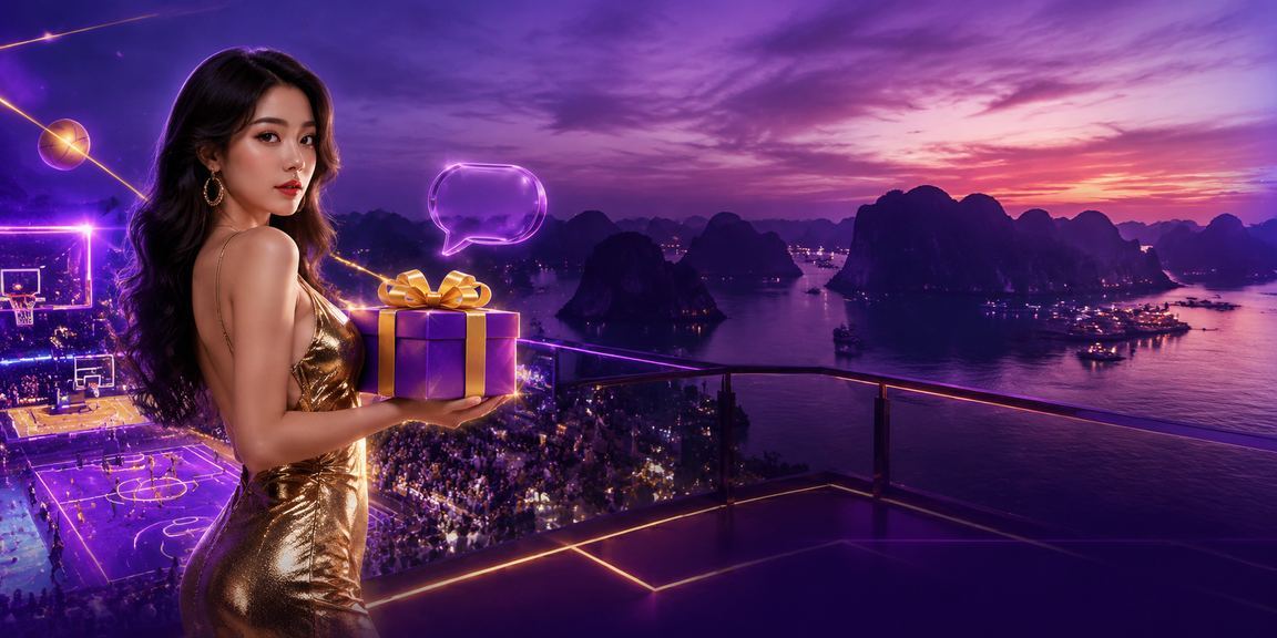 Cảnh vịnh Hạ Long về đêm với màn hình đặt cược bóng rổ neon